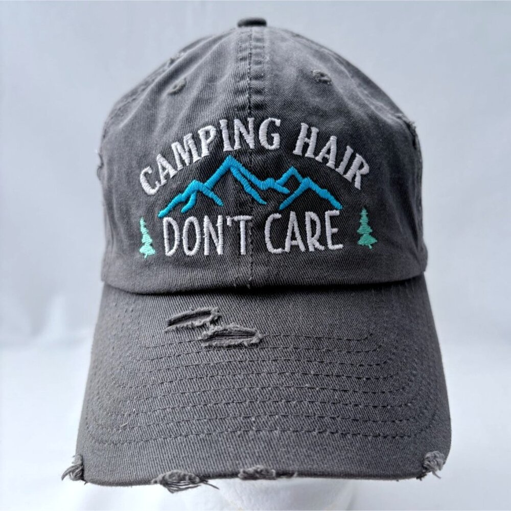 Embroidered Camping‎ Hair Don't Care Gray Distressed Strapback Baseball Cap Hat